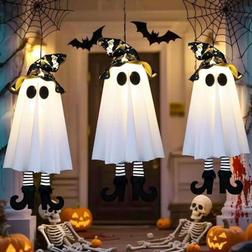 Halloween Deko, 3 Stück Hängend Geister mit Hexenhut, Leuchtend Geister Lichter, Halloween Deko Outdoor für Zuhause Baum Garten Hof, Festliche Atmosphären Horror Motto Party Requisiten