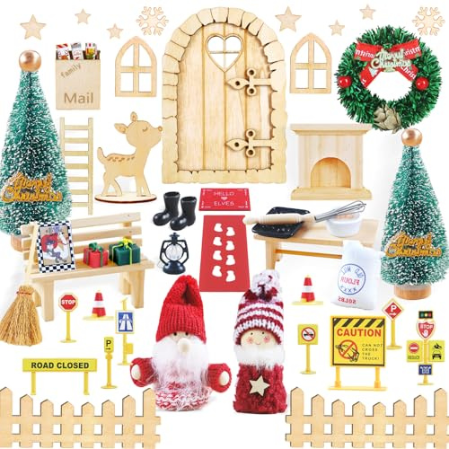 AIVORO Wichteltür Set, Weihnachten Wichteltür Komplettset inkl. Backset Baustelle Set, Miniatur Wichtel Zubehör Weihnachten mit Zaun Briefumschläge für Advent DIY Dekoration