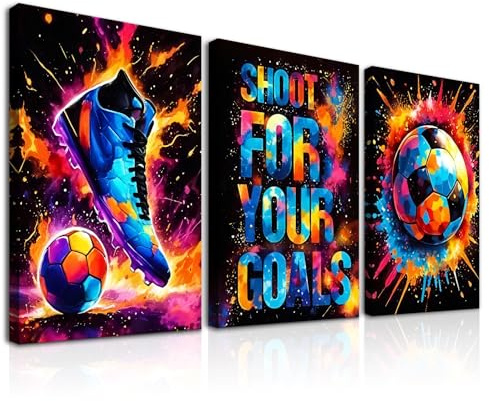 Dazzlewall 3 Stück Graffiti Fußball Bilder, Motivierende Sportposter für Schlafzimmer Jugendzimmer Spielzimmer Deko 12x16 Zoll Mit Rahmen