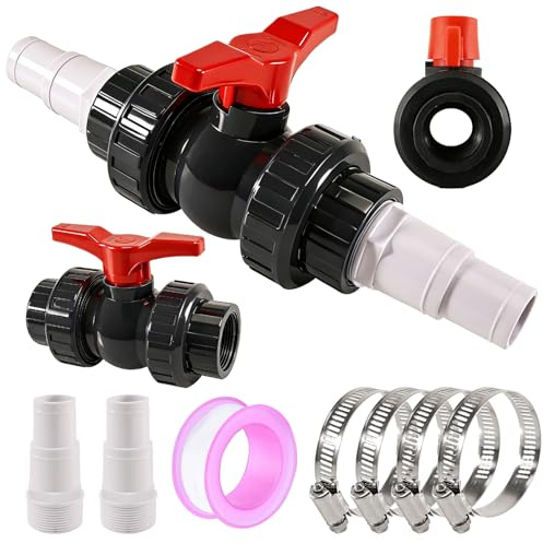 1,5 Zoll Kugelhahn mit Schlauchverbinder, PVC Absperrhahn Pool Absperrventil Set, 2 Schlauchtülle 32-38mm, Poolschlauch Verbinder Pool Adapter Poolventil Ventil Kugelventil, 4 Klemmen & 2m Dichtband
