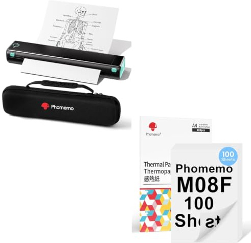 Phomemo M08F A4 Tragbarer Drucker Schwarz Grün mit Tragetasche & 100 Blatt doppelseitigem A4-Thermopapier, kabelloser Bluetooth-Mobildrucker für Reisen, Auto, Büro & Zuhause