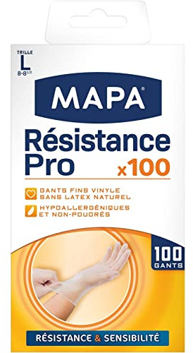 MAPA - Resistance Pro - Dünne, puderfreie Vinylhandschuhe - Recycelbar mit TerraCycle® - Stärke und Präzision - Latexfrei - 1 Box mit 100 Handschuhen - Größe L
