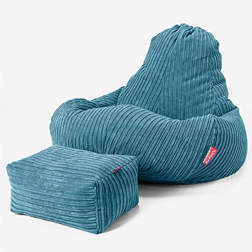 Lounge Pug - Gaming Sitzsack Sessel mit Hocker - Cord Türkis - Ultra LUX - Sitzsack Sessel