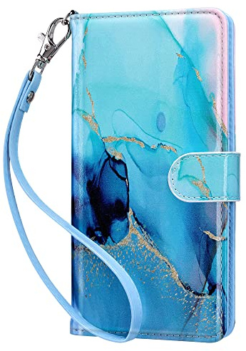 ULAK Handyhülle für Samsung Galaxy S20 FE Hülle Kartenfächer, Blau-Marmor | RFID-Schutz Premium Leder Schutzhülle Tasche Flip Cover Standfunktion Klapphülle mit Stoßfest Magnetisch Cover S20 FE 6,5Zoll