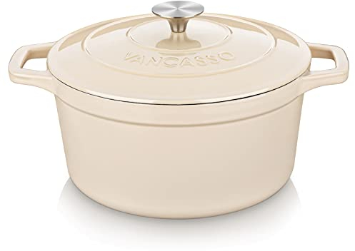 vancasso Olla de Hierro Fundido, 26 cm / 5 Litros Horno Holandés Hierro Fundido Esmaltado con Tapa Redonda de Acero Inoxidable para Cocina Estofado, Paella, Freír, Asar, Saltear - Blanco
