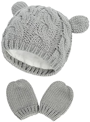 XYIYI Newborn Baby Grey Winter Beanie Hat Mitten Set Infant Toddler Warm Knitted Hat Glove Set for 6-18 Months Boys Girls