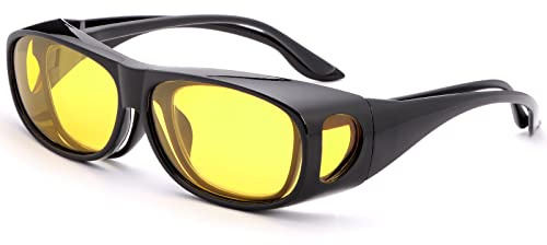 Nachtsichtbrille für Herren und Damen, polarisiert, zum Fahren, Sonnenbrille, Rundum-Passform über verschreibungspflichtige Brillen, blendfrei, Schwarzes Rahmen; gelbe Linse