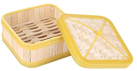 PIAOLING 5-stöckiger Bambus-Dämpfkorb, stapelbarer, quadratischer, handgefertigter Lebensmittel-Kochkorb, Kocher-Set mit Kunststoffbändern für Gemüse, Dim-Sum-Knödel