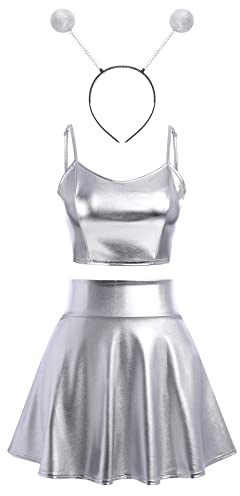 Costume d'Alien Sexy pour Femme - Paillettes Métalliques, Mini Jupe, Bretelles Spaghetti Argentées, Serre-Tête - Taille S