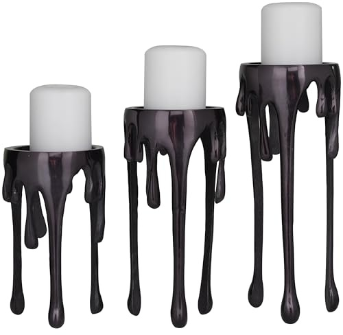Deco 79 Portavelas de Aluminio con Patas de trípode con Patas de diseño de fusión por Goteo, Juego de 3 de 12, 10 y 8 Pulgadas de Alto, Color Negro