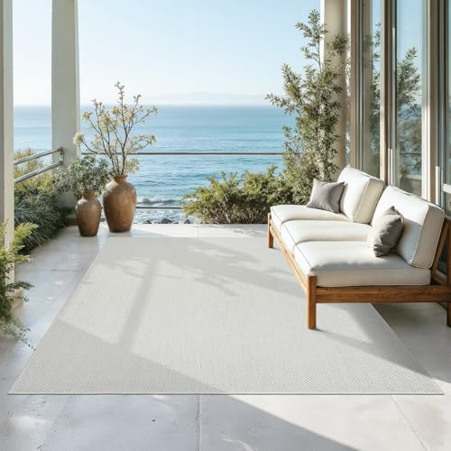 Mia´s Teppiche Malaga Outdoor Teppich Wetterfest – Balkonteppich & Terrassenteppich, Indoor Outdoor Flachgewebe, Waschbar, UV-beständig & Pflegeleicht, Creme, 140 x 200 cm