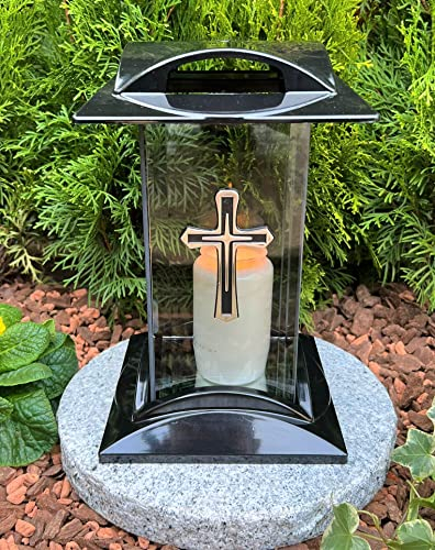 Grablampe Laterne mit Motiv Kreuz - Grablicht Kerze Grabkerze Grabdekoration 27 cm H. Grabschmuck Neue Model incl. Kerze ohne Sockel.