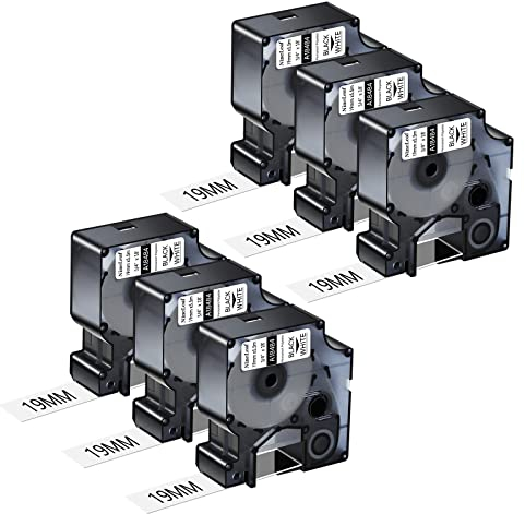 NineLeaf 6 Packung Ersatz für Dymo 18484 A18484 19mm x 5.5m Bänder Schwarz auf Weiß Polyester Permanentes Industrie-Schriftband für Rhino 4200 5200 5000 6000 ILP 3M PL150 PL200 Beschriftungsgerät