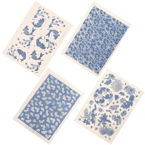 Lurrose 4 Blatt Keramik-Abziehbilder Blaues Und Weißes Porzellan-Keramik-Ton-Transferpapier Keramik-Unterglasur-Blumenpapier Für Töpferei-Emaille-Aufkleber