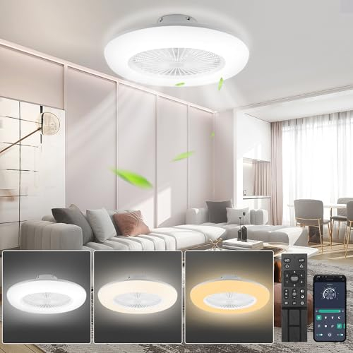 Izrielar Ventilatore da soffitto da 80 W con illuminazione, 6 velocità del vento regolabile, dimmerabile, luce LED da 55 cm, con telecomando e app, modalità estate e inverno, timer, 3000 – 6500 K