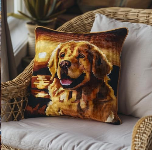 kitphoenix Latch Hook Kit Cushion Golden Retriever Hund Bei Sonnenuntergang Knüpfkissen Set Mit Knüpfhaken 43Cmx43Cm