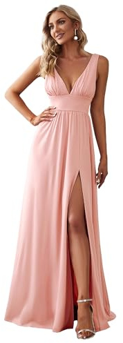 Ever-Pretty Robe pour Mariage Invité Longue Fendue Femme Col V Mousseline de Soie sans Manche A Line Chic Rose 34