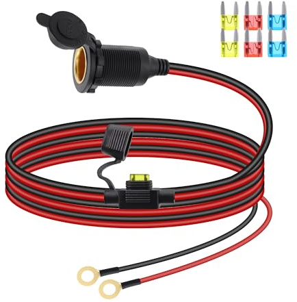 RIIEYOCA 12V/24V Cigarette Lighter Socket Extension Cable, Fixed Thread Car Cigarette Lighter Female Socket to O Ring Terminal Cord with Waterproof Cover and 20A Fuse for Cars,Boats, etc.(2M)