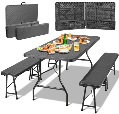 Bierzeltgarnitur Klappbar 3-teilig 1 Biertisch & 2pcs Bierbank Klappbar,Festzeltgarnitur Biertischgarnitur 180cm Wetterfest,Gartenmöbel Set mit Tragegriff,Campingtisch Outdoor & Indoor,Rattan-Optik