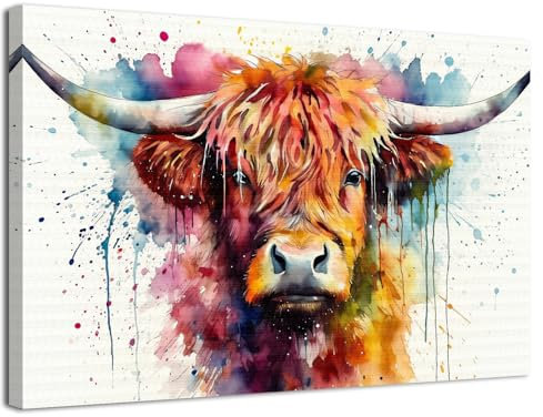 AIYISU Highland Cow Canvas Wall Art Watercolor Banksy Prints Pictures Graffiti Scottish Cow Wall Decor Colourful Farm Animal Pictures Painting Modern Artwork for Living Room Home Decorations 30x40cm