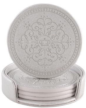 LISRSC Coasters Set of 4 - PU Leather Mat with Holder - Silver Round Coasters for Drinks - Coffee Table Pads Set Gifts for Home,Bars,Cafes,Party,Office Decor