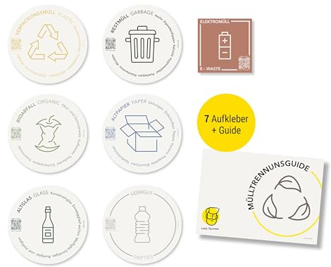 Frank Paperman® 7x große Mülltrennung Aufkleber (Ø 9,5 cm) – wetterfest & UV-beständig, selbstklebend, zweisprachig DE/EN, mit QR-Code Recycling-Guide