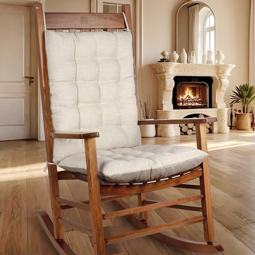 OVOV Non-Slip Rocking Chair Cushion Extra Large Chair Pads with High Back Linen Cushion for Rocking Chair Set of 2 White