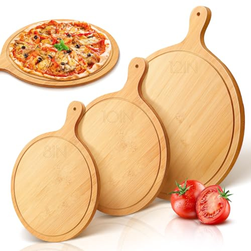 Modixun 3 Pack Pizza Cutting Board with Handle, Round Wood Bamboo Pizza Serving Tray, Charcuterie Boards Wooden Pizza Peel for Pizza Bread Cake Fruit Cheese (30cm + 25cm + 20cm)