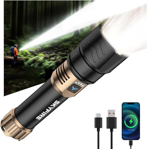 SKYFIRE LED Flashlight High Lumens,5000mAh Super Bright Rechargeable Flashlight,Zoomable,Four Modes,Powerbank Waterproof Tactical Flash Light for Camping Essentials,Outdoor & Home Emergencies-No Lens