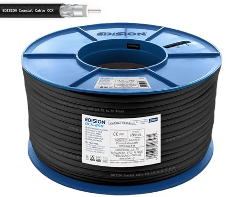Edision OCX-250 Cavo Coassiale 250m, Cavo Antenna TV SAT Esterno/Interna PE Nero, Rame CU/AL, 17PAtC, CPR Fca, Classe A, Cavo SAT, per DVB-S2, DVB-T/T2, DVB-C, RADIO, Bobina Plastica 250m