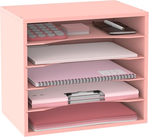 SUPEASY 5-Tier Papier Organizer für Schreibtisch, Holz Desktop Organizer mit justierbarem Brieffach, Mail Sortier für Büro Schule Zuhause, Rosa