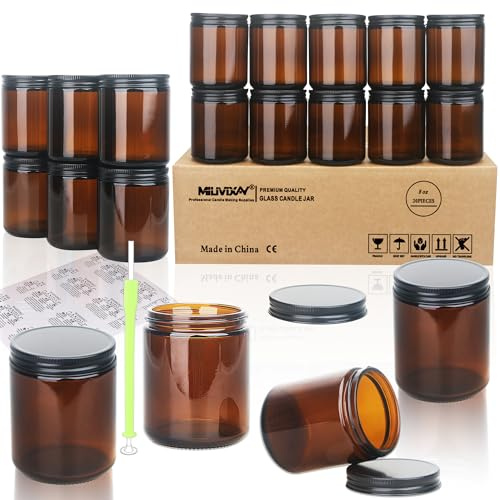 MILIVIXAY Set of 20 Thick Dark Amber Glass Candle Jars 8 oz with Black Metal Lids - Empty Bulk Candle Jars for Candle Making - Jars for Spices, Liquids