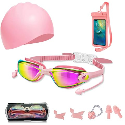 Swim Goggles Swimming Goggles No Leaking with Nose Clip, Earplugs, Swim Cap and Case, Waterproof Phone Pouch Case（Pink）