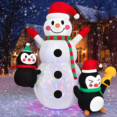 Livofloral Aufblasbarer Schneemann XXL 210cm mit Pinguine, Aufblasbare Weihnachtsdeko mit LED Beleuchtung, Außen Weihnachten Deko Aufblasbar Weihnachtsfigur für Outdoor Garten Party Hof Winterdeko