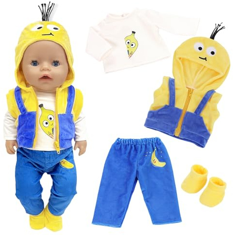 Puppenkleidung für 36-43 cm Puppe, Gelber Cartoon PuppenKleidung Outfits with Kapuzenpullover Langarm Hose Schuhe für 12-18 Zoll Puppenkleidungzubehör Mädchen Geburtstag Geschenk