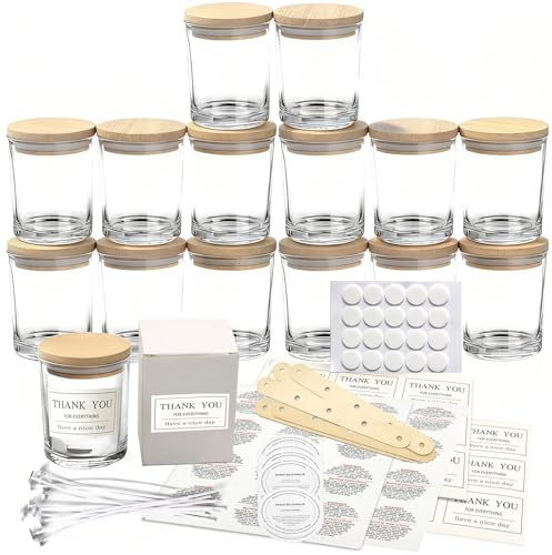Tel Charme * 15 Pack 7oz Clear Glass Jars with Lids - Airtight Empty Candle Making Containers, Bulk Spice Jars, Food Storage Containers for Spices, Powder, DIY Crafts, Honey, Wedding Favors