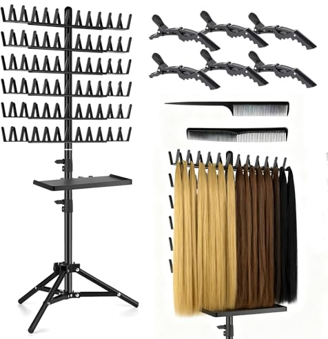 Braiding Hair Rack with 144 Pegs, Adjustable Hair Extension Holder, Braidings Rack Standing, Black Double Sided Foldable Wig Hanger with Tools, for Hairstylist Home Travel, Separator
