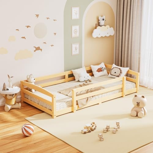 Meulbaty 190 x 90 cm Toddler Floor Bed, Montessori Inspired with Rails and 2 Openings, Children's bed for Toddlers 1-3 Years Old - Natural Wood