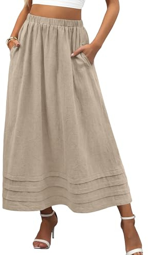 ANRABESS Womens Maxi Skirt 2026 Summer Boho Flowy Tiered Casual Elastic High Waisted Swing A-line Long Skirts with Pockets Beige Small