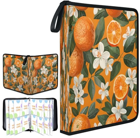 Orange Fruit Pattern Trading Card Binder 4 Pocket with 50 Sleeves Fits 400 Sport Cards Sports Card Holder with Zipper for Sports Cards Collector Album