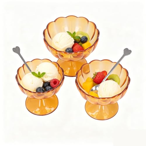 Tissting Glasskoppar i rostfritt stål, dessertskålar klara glasskålar trippelskål serveringsfat för desserter, Sundae, sallad, cocktail, smaktillsats (gul stor medium liten)