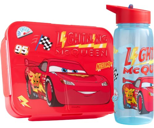 Get Trend Disney Cars Brotdose Kinder & 640ml Trinkflasche Set, 1,75L Snackbox mit Fächern, Spülmaschinenfest & Mikrowellengeeignet BPA Frei Bento Lunchbox Schule & Freizeit (Multi Lightning McQueen)