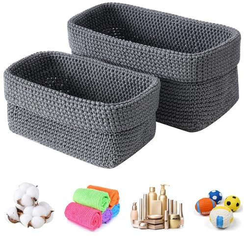 2er Set Aufbewahrungskorb Geflochten Bad Häkelkorb, Stapelbare Regalkörbe Aus Baumwollseil, Klein Quadrat Gewebte Körbchen Aufbewahrung für Handtücher, Kosmetik, Schmuck, Spielzeug(Grau)