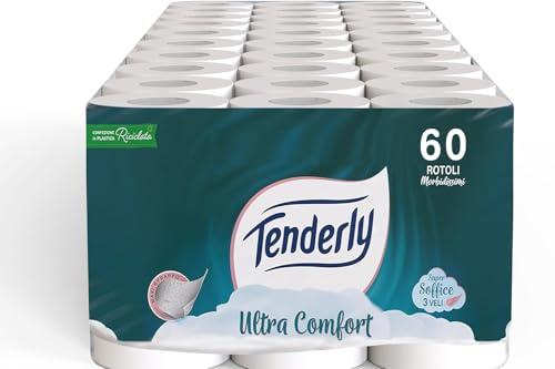 Tenderly Ultra Comfort 60 rotoli di carta igienica pura, 3 veli, + di 12.000 strappi, delicata sulla pelle