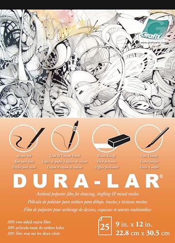 Grafix Dura-Lar 0.005 Film, Matte, Translucent 9x12, Economical Alternative to Drafting Film, Mylar and Acetate, Translucent Drawing Surface for Lead, Ink, Charcoal and Paint, Pad of 25 Sheets