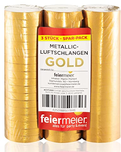 PartyMarty Luftschlangen Metallic im 3er Sparpack - 3 Rollen mit je 18 metallisch glänzenden Luftschlangen - Karneval, Fasching, Hochzeit, Silvester (Gold)