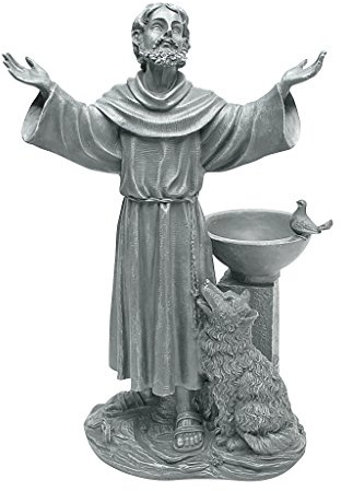 Design Toscano Francis of Assisi Blessing Religious Garden Decor Statue with Bird Bath Feeder, 19 inches Tall, Cast Stone Resin, Gray Stone Finish