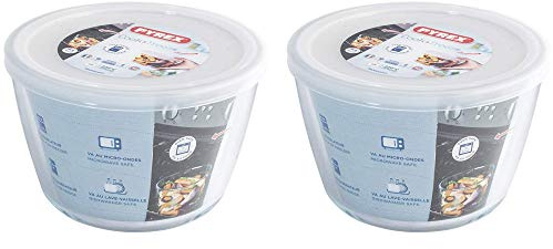 Pyrex Microwave Safe Classic Round Glass Dish with Plastic Lid 1.7 Litre White (Pack of 2)