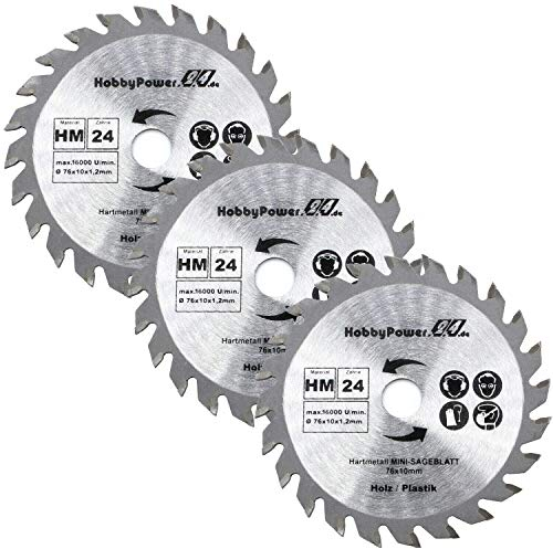 3x HM Kreissägeblatt 76 x 10 mm 24 Zähne Sägeblatt Neu für Mini Handkreissäge Tauchsäge Kreissäge