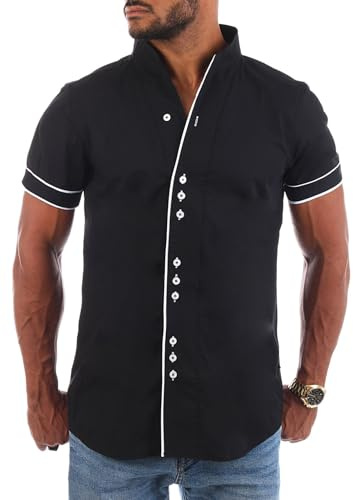Carisma Herren Uni Kurzarm Stehkragen Hemd Freizeit Casual einfarbig Basic Shirt körperbetont 9118-9119, Grösse:L, Farbe:Schwarz/Weiß